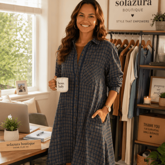 Umgee Plaid Button Down Oversized Shirt Dress - Navy-Trendsi - Solazura Boutique