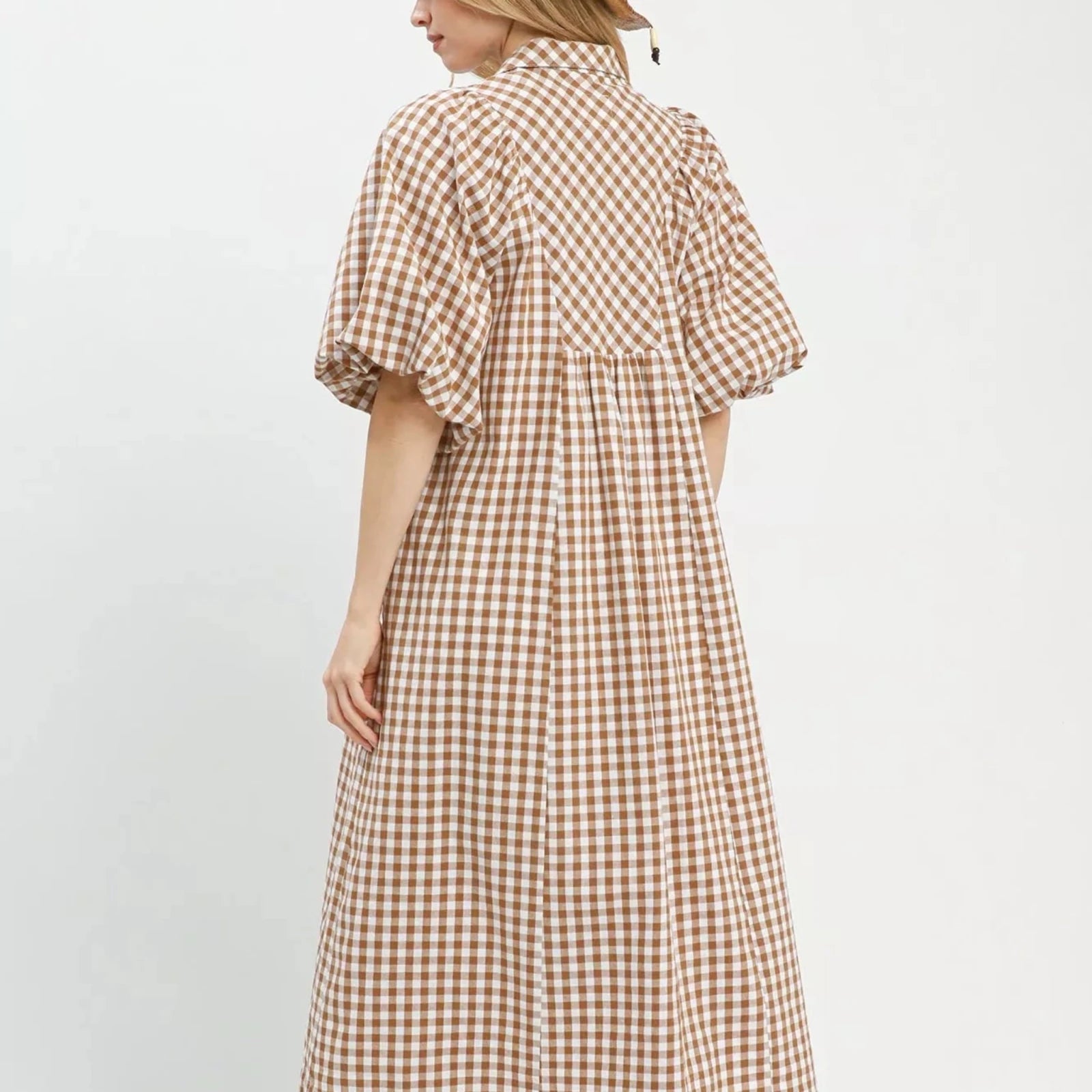 Umgee Puff Sleeve Plaid Midi Dress - Brown-Trendsi - Solazura Boutique