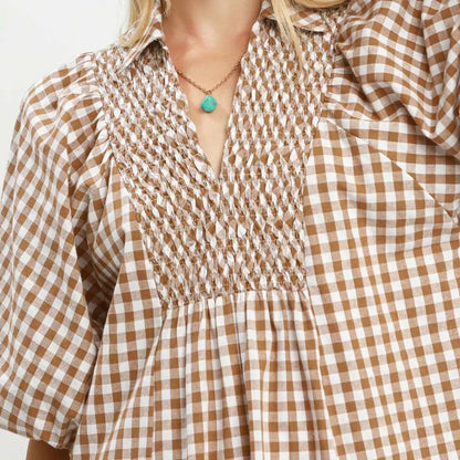 Umgee Puff Sleeve Plaid Midi Dress - Brown-Trendsi - Solazura Boutique