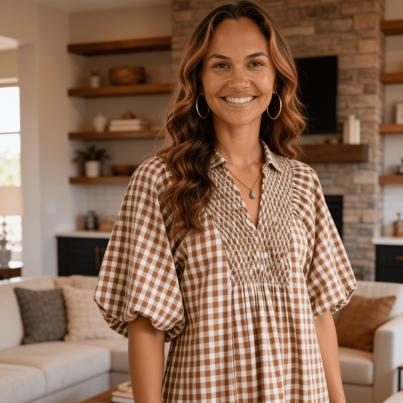 Umgee Puff Sleeve Plaid Midi Dress - Brown-Trendsi - Solazura Boutique