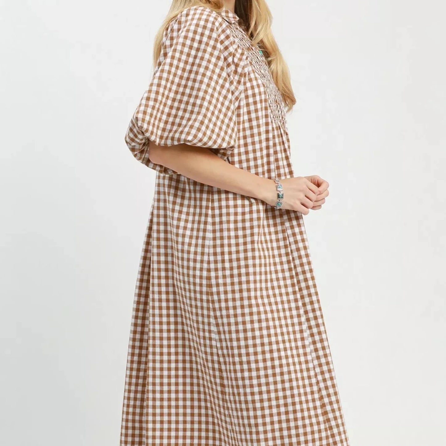 Umgee Puff Sleeve Plaid Midi Dress - Brown-Trendsi - Solazura Boutique
