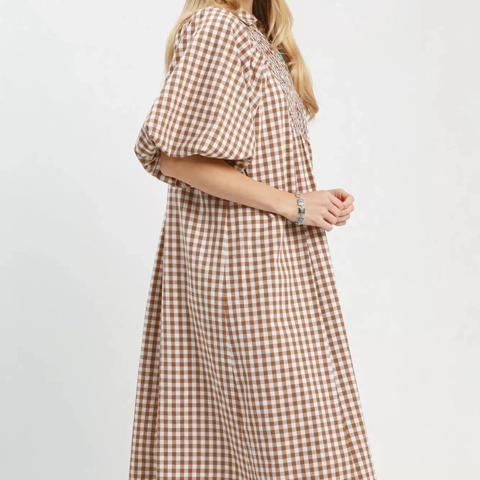 Umgee Puff Sleeve Plaid Midi Dress - Brown-Trendsi - Solazura Boutique