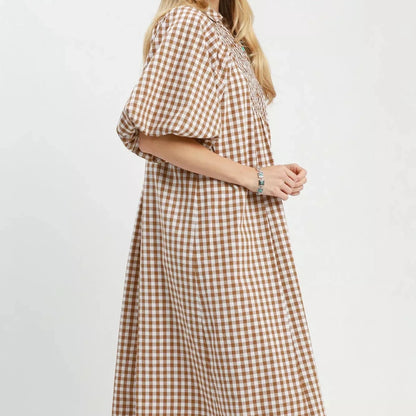 Umgee Puff Sleeve Plaid Midi Dress - Brown-Trendsi - Solazura Boutique