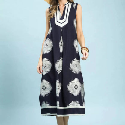 Umgee Sleeveless Geometric Midi Dress - Navy-Trendsi - Solazura Boutique