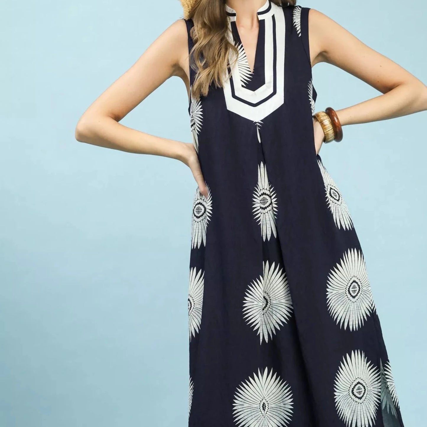 Umgee Sleeveless Geometric Midi Dress - Navy-Trendsi - Solazura Boutique