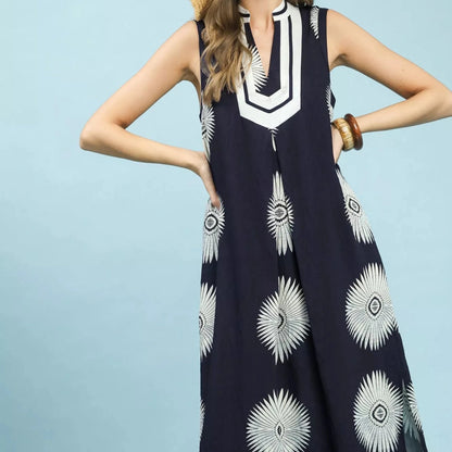 Umgee Sleeveless Geometric Midi Dress - Navy-Trendsi - Solazura Boutique