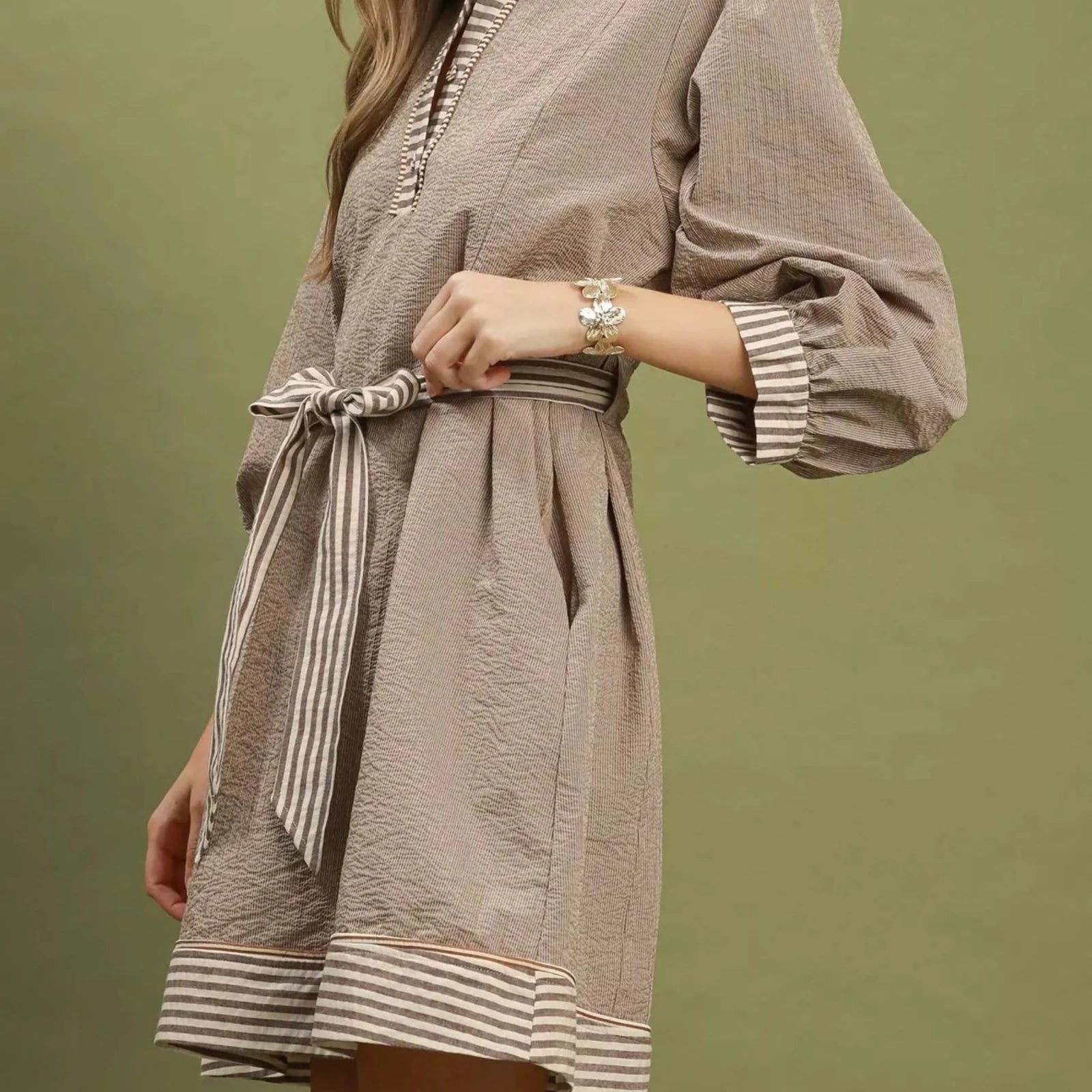 Umgee Striped Contrast Belted Puff Sleeve Mini Dress - Brown-Trendsi - Solazura Boutique
