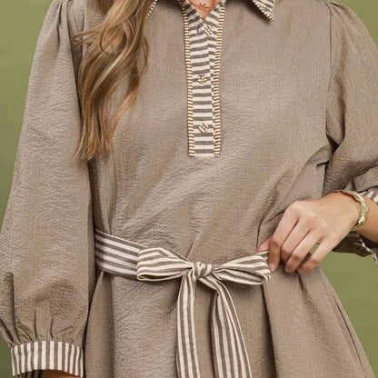 Umgee Striped Contrast Belted Puff Sleeve Mini Dress - Brown-Trendsi - Solazura Boutique