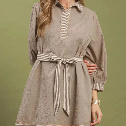 Umgee Striped Contrast Belted Puff Sleeve Mini Dress - Brown-Trendsi - Solazura Boutique