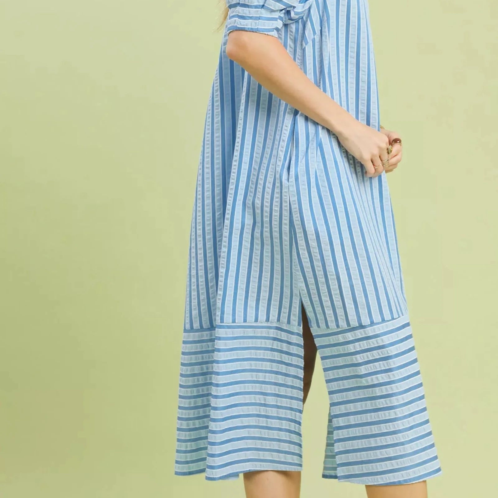 Umgee Striped Puff Sleeve Midi Dress - Blue-Trendsi - Solazura Boutique