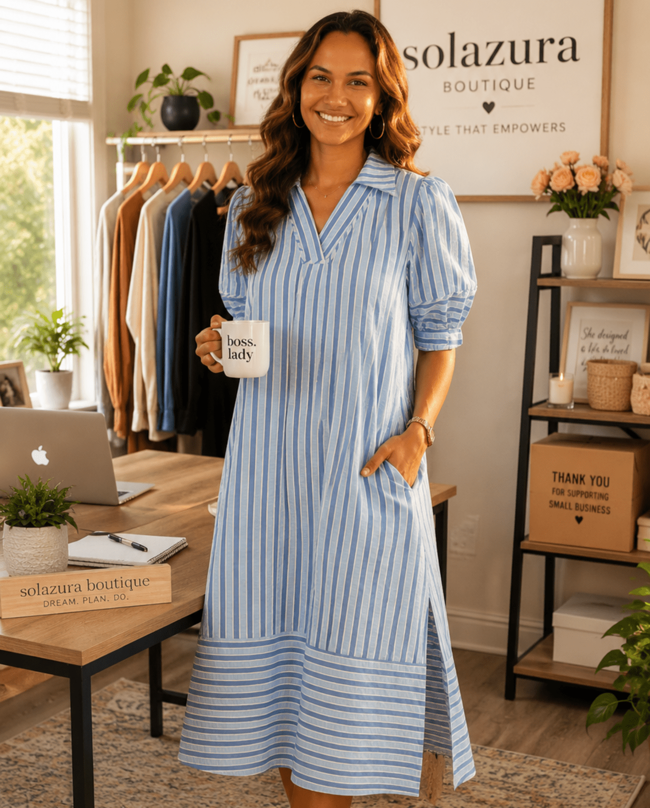 Umgee Striped Puff Sleeve Midi Dress - Blue-Trendsi - Solazura Boutique