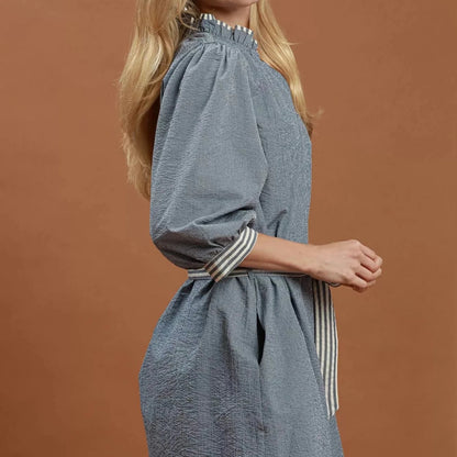 Umgee Textured Contrast Trim Tie Waist Mini Dress - Denim-Trendsi - Solazura Boutique
