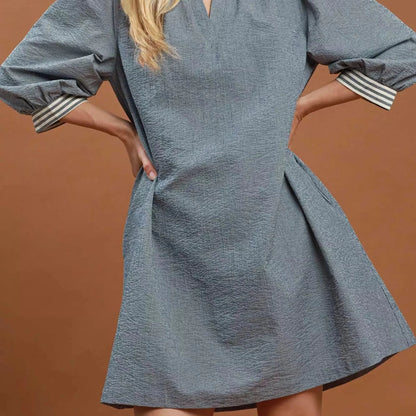 Umgee Textured Contrast Trim Tie Waist Mini Dress - Denim-Trendsi - Solazura Boutique