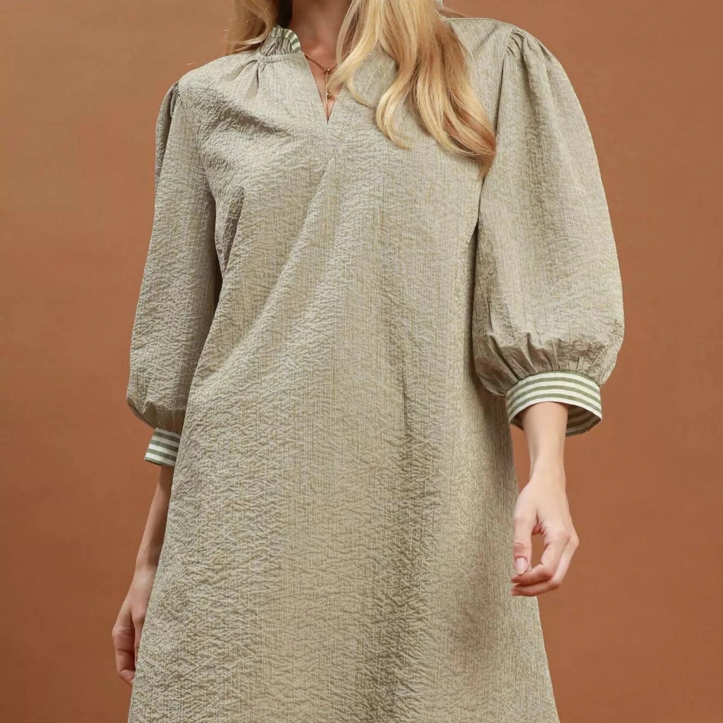 Umgee Textured Contrast Trim Tie Waist Mini Dress-Trendsi - Solazura Boutique