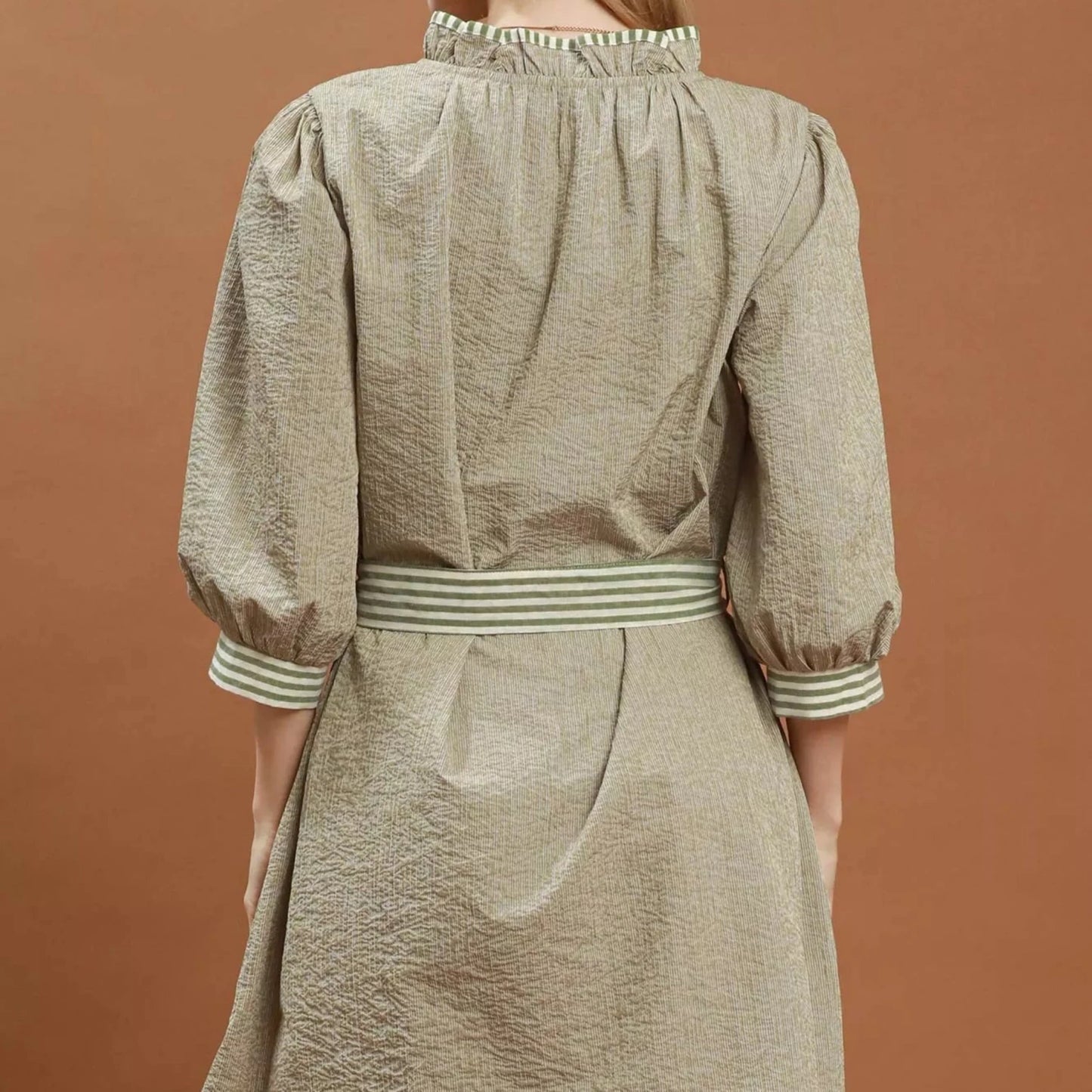 Umgee Textured Contrast Trim Tie Waist Mini Dress-Trendsi - Solazura Boutique