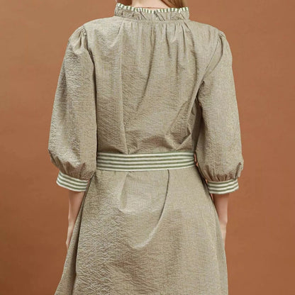 Umgee Textured Contrast Trim Tie Waist Mini Dress-Trendsi - Solazura Boutique