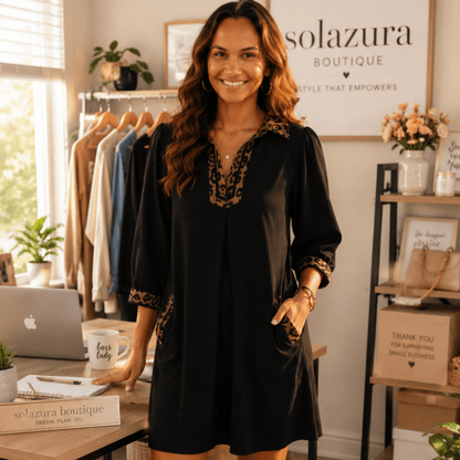 Umgee V-Neck Shift Dress with Contrast Trim - Black-Trendsi - Solazura Boutique
