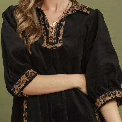 Umgee V-Neck Shift Dress with Contrast Trim - Black-Trendsi - Solazura Boutique