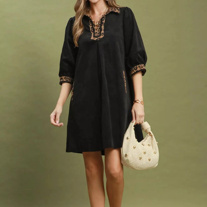 Umgee V-Neck Shift Dress with Contrast Trim - Black-Trendsi - Solazura Boutique