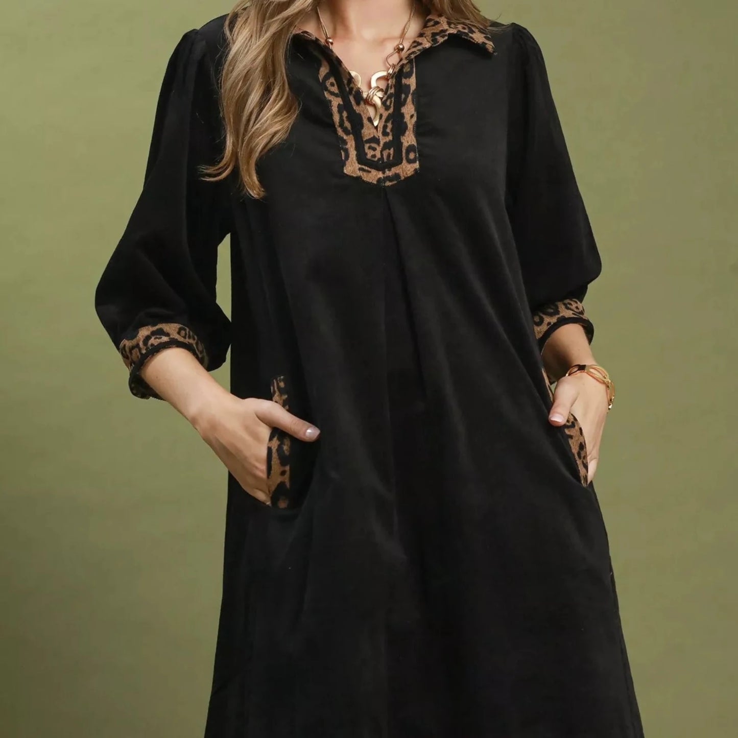Umgee V-Neck Shift Dress with Contrast Trim - Black-Trendsi - Solazura Boutique