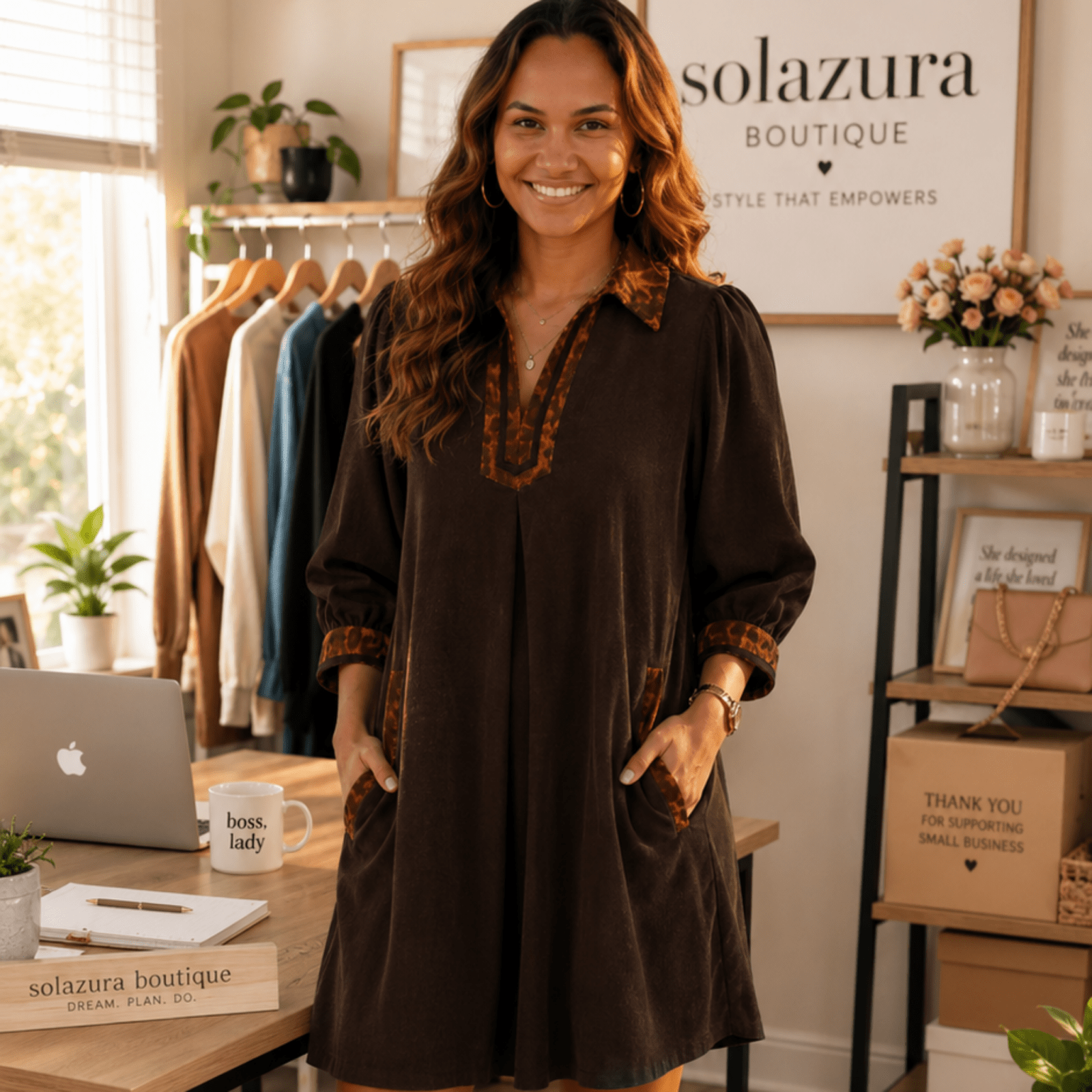 Umgee V-Neck Shift Dress with Contrast Trim-Trendsi - Solazura Boutique