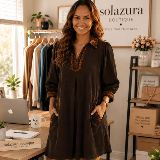Umgee V-Neck Shift Dress with Contrast Trim-Trendsi - Solazura Boutique