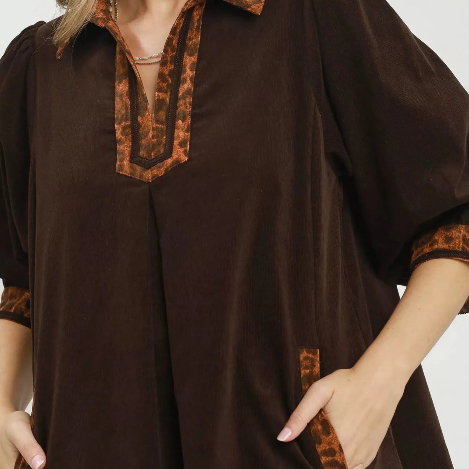 Umgee V-Neck Shift Dress with Contrast Trim-Trendsi - Solazura Boutique