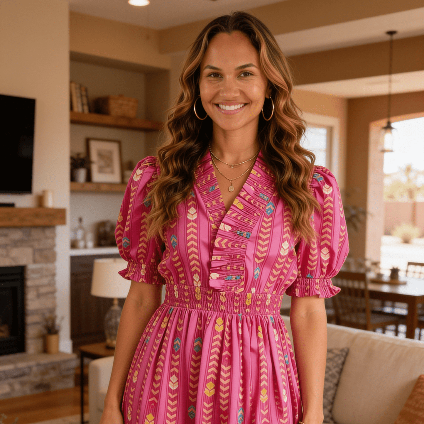 Umgee Vibrant Ruffle Smocked Midi Dress - Pink-Trendsi - Solazura Boutique