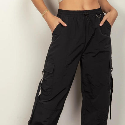 Very J black woven elastic waist cargo pants — utility-inspired look.