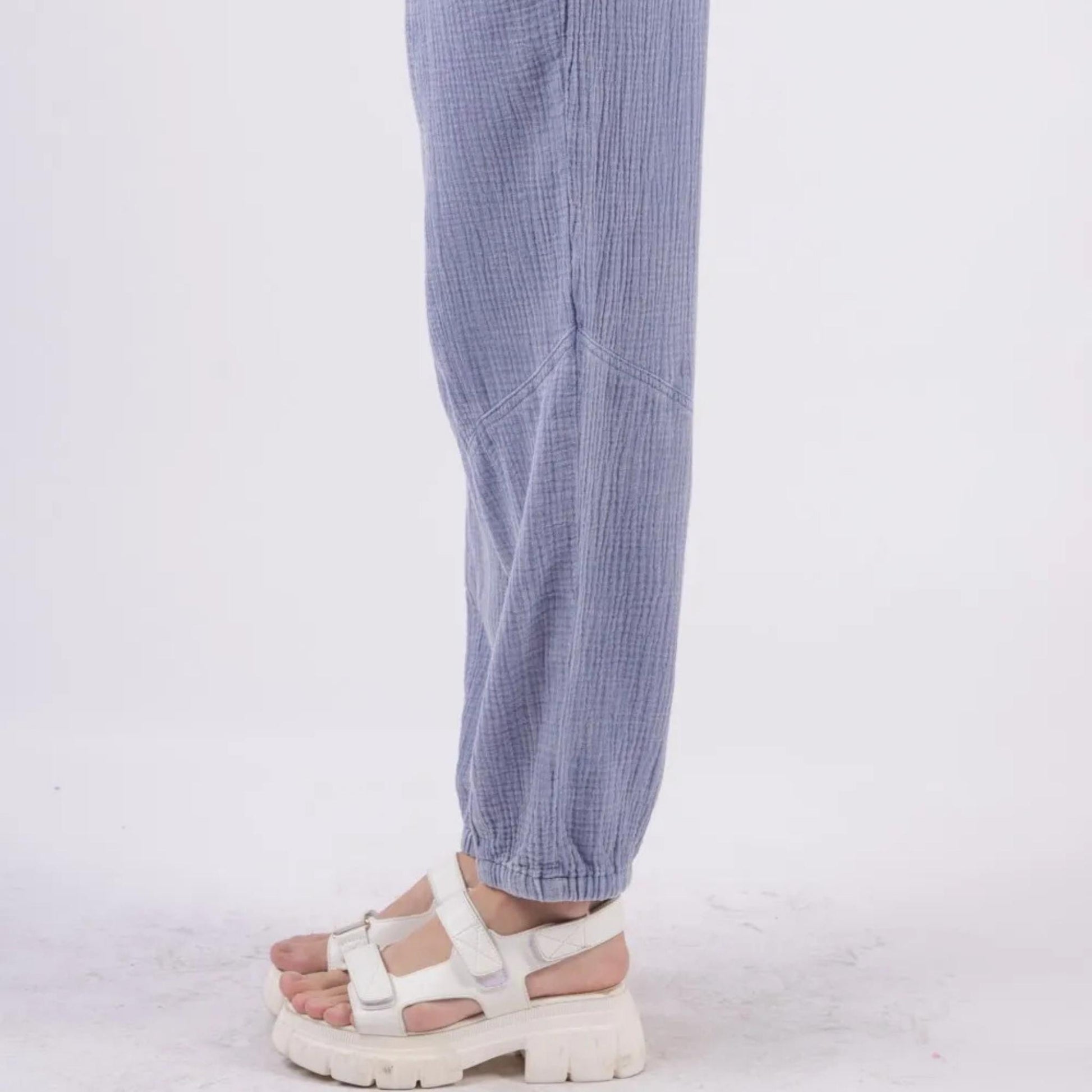 Very J washed gauze cargo pants showing side utility pocket detail.