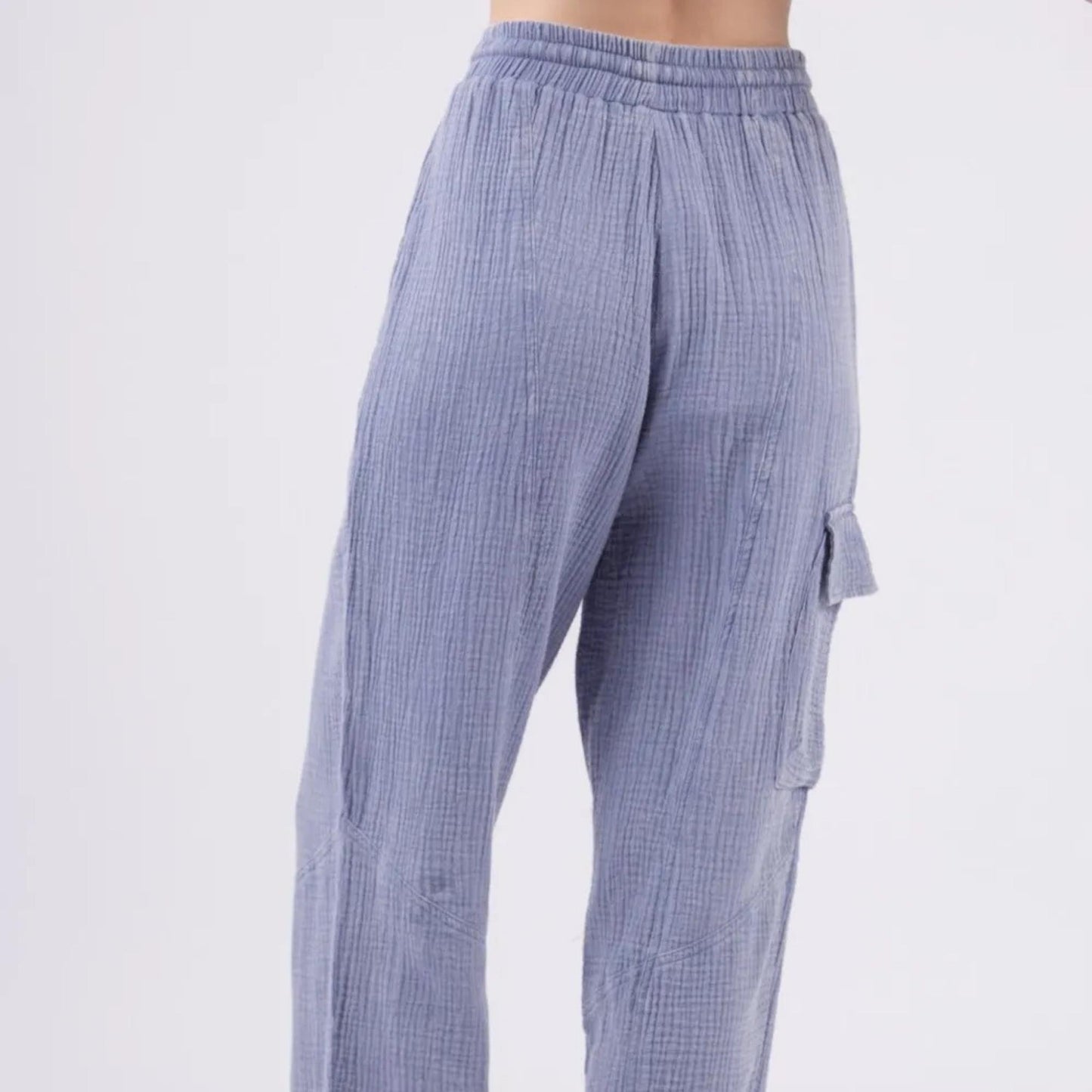 Very J denim blue crinkle gauze cargo pants — back view.