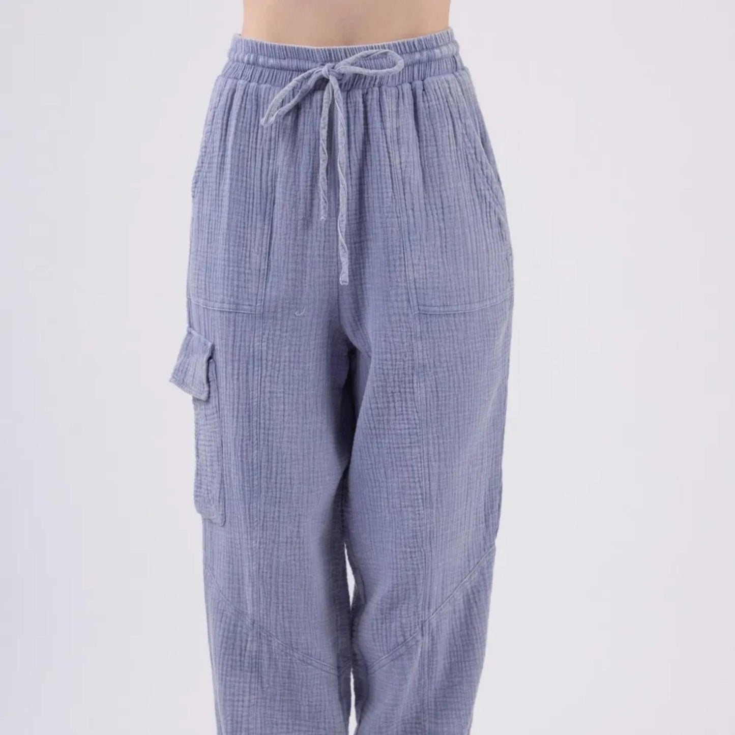 Very J denim blue washed woven crinkle gauze cargo pants — front view.