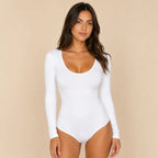 Women's white scoop neck long sleeve bodysuit with a flattering slim fit and long sleeves.