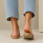 Back view of Wild Diva Rhinestone Open-Toe Flat Sandals in rose gold showing comfortable flat sole and rhinestone trim.