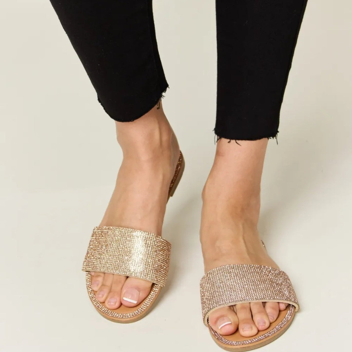 Wild Diva Rhinestone Open-Toe Flat Sandals-Trendsi - Solazura Boutique