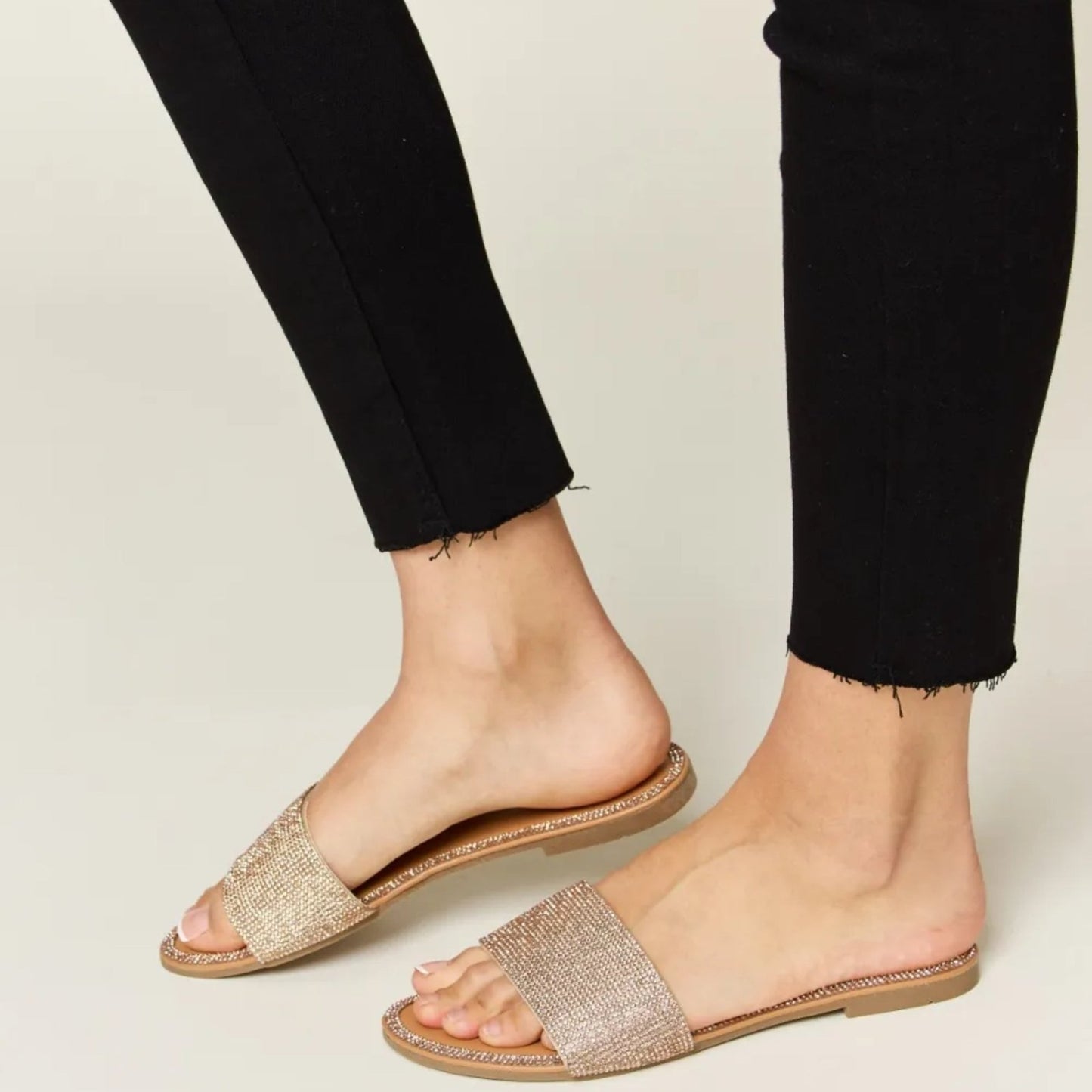 Wild Diva Rhinestone Open-Toe Flat Sandals-Trendsi - Solazura Boutique