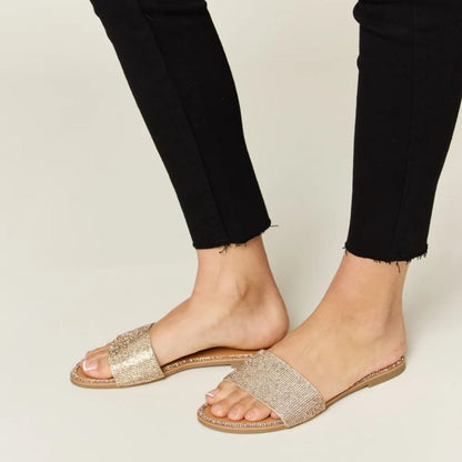 Wild Diva Rhinestone Open-Toe Flat Sandals-Trendsi - Solazura Boutique