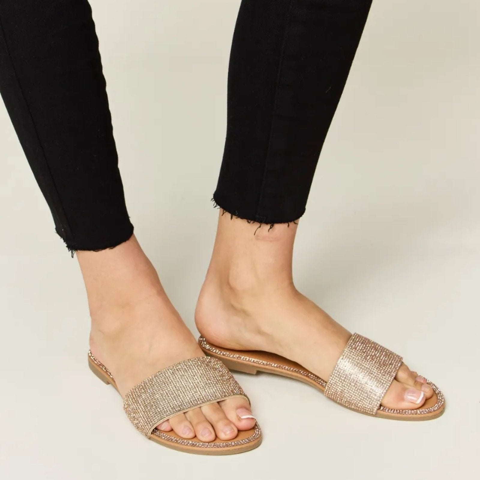 Wild Diva Rhinestone Open-Toe Flat Sandals-Trendsi - Solazura Boutique