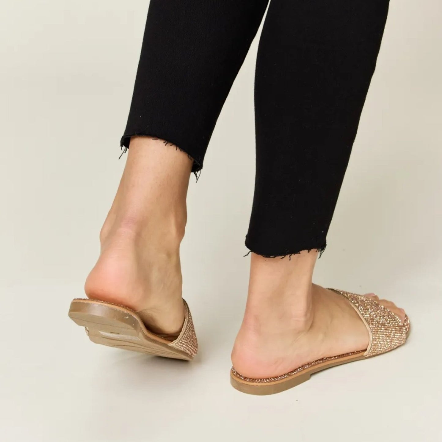 Wild Diva Rhinestone Open-Toe Flat Sandals-Trendsi - Solazura Boutique