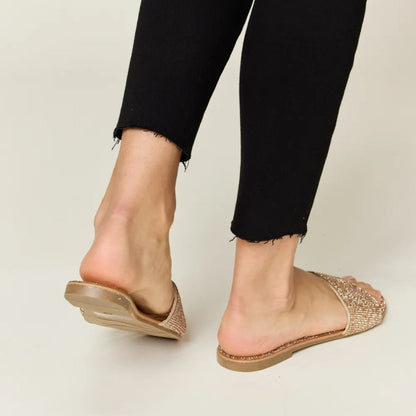 Wild Diva Rhinestone Open-Toe Flat Sandals-Trendsi - Solazura Boutique