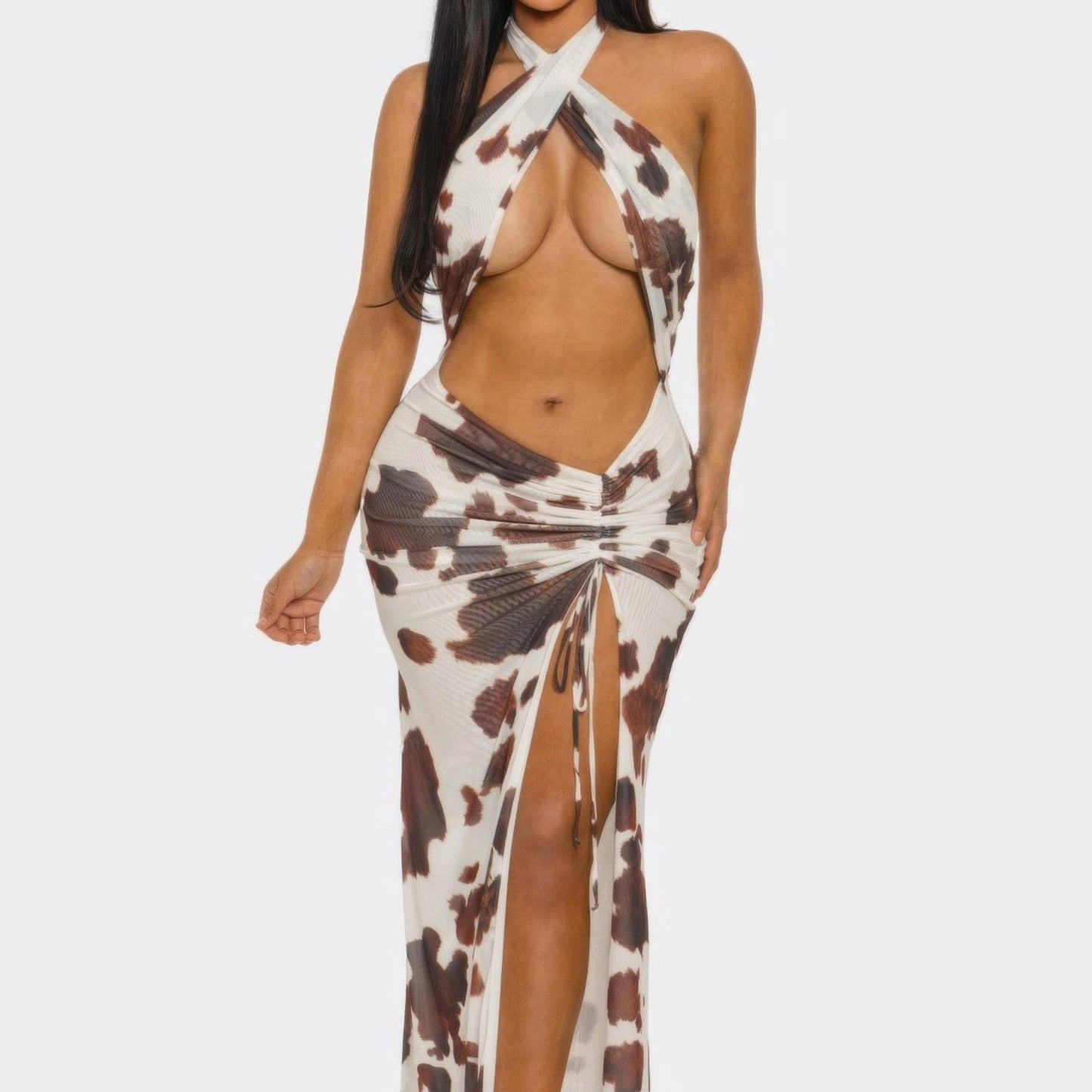 Wild Heat Cow Print Cutout Halter Maxi Dress-Solazura Boutique - Solazura Boutique