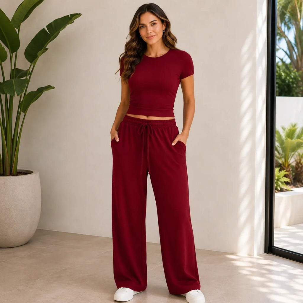Wine red fitted top and wide-leg pants set for women