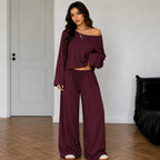 Wine red women's two-piece wide-leg pants set with off-shoulder long sleeve top