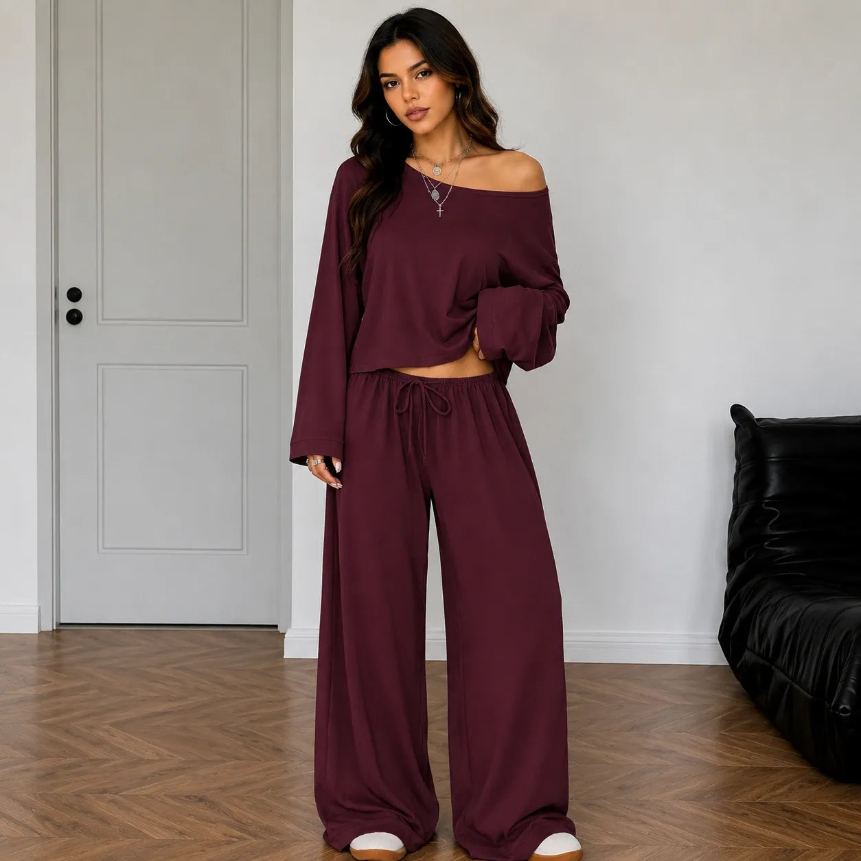 Wine red women's two-piece wide-leg pants set with off-shoulder long sleeve top