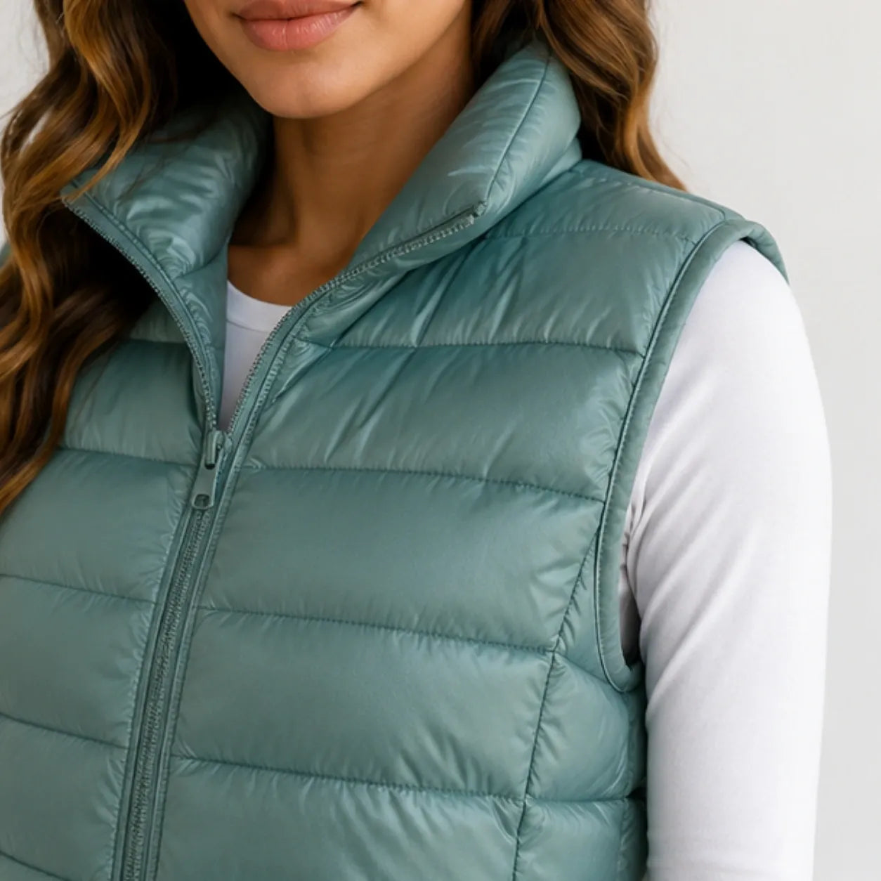 Close-up of women’s bean green oversized puffer vest jacket with stand-up collar and zip closure