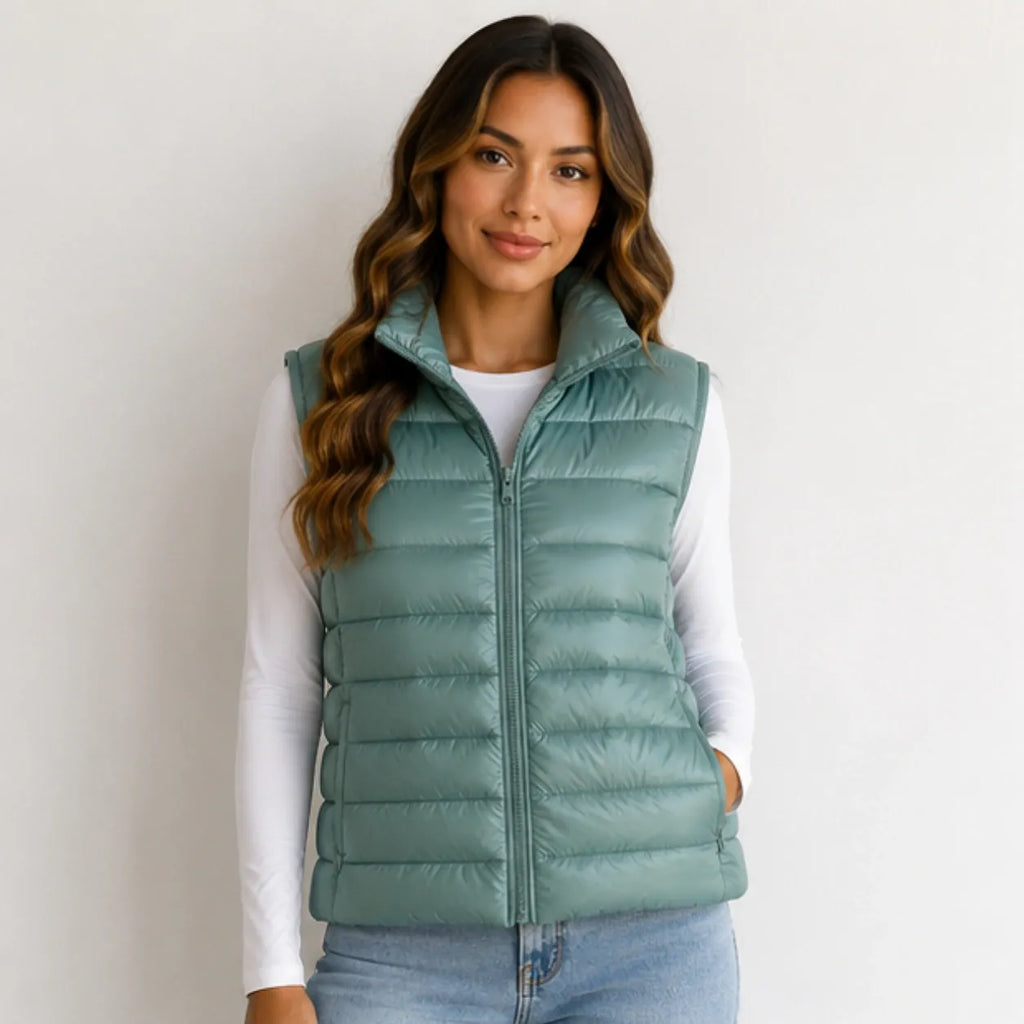 Women’s bean green oversized puffer vest jacket with white duck down front view