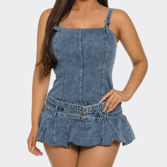 Women's Belted Denim Mini Romper Dress-Solazura Boutique - Solazura Boutique