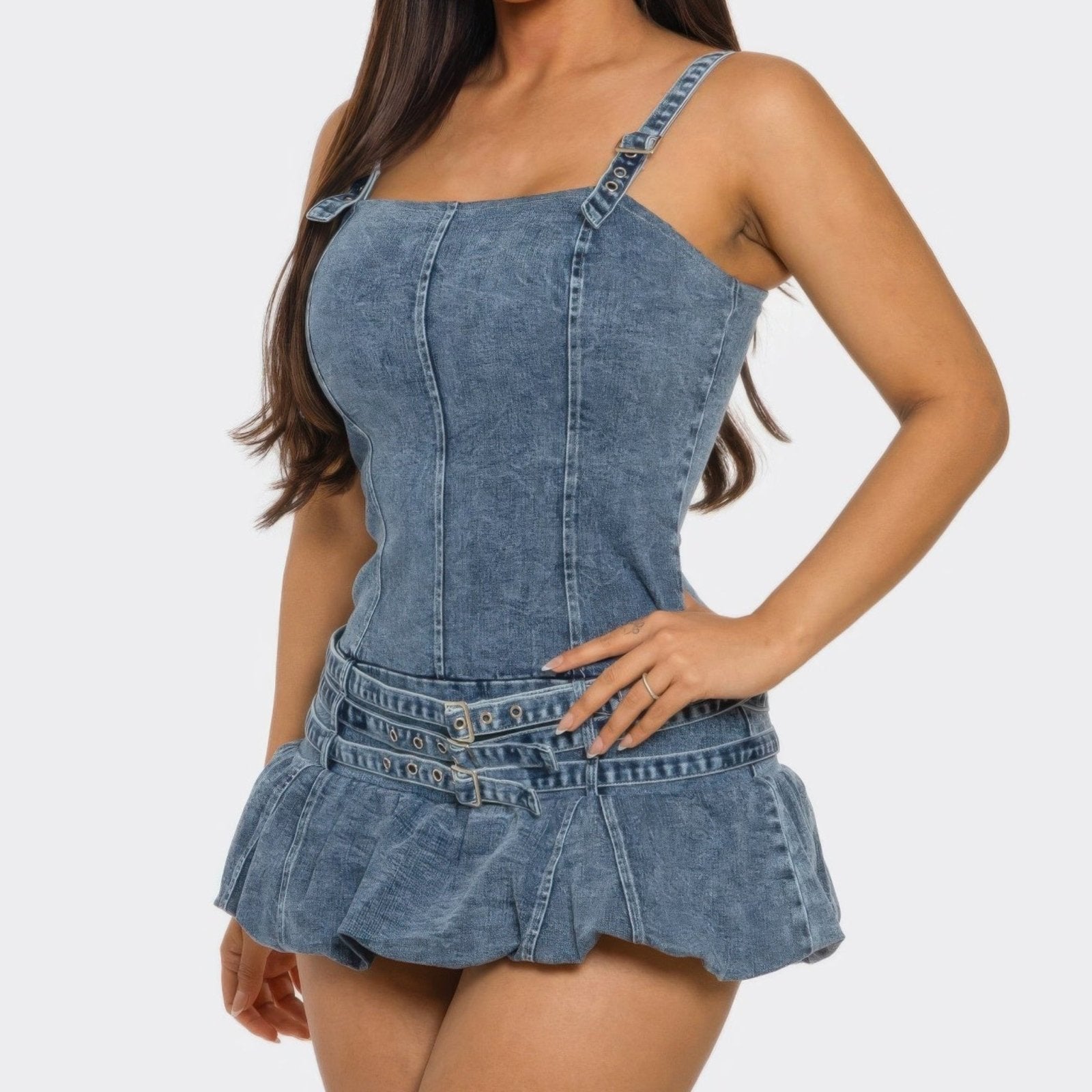 Women's Belted Denim Mini Romper Dress-Solazura Boutique - Solazura Boutique