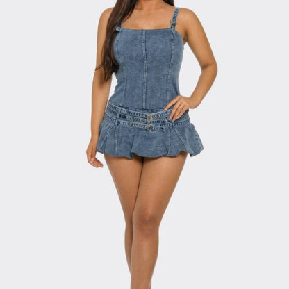 Women's Belted Denim Mini Romper Dress-Solazura Boutique - Solazura Boutique