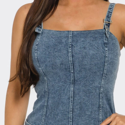 Women's Belted Denim Mini Romper Dress-Solazura Boutique - Solazura Boutique